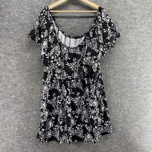 Woman Within Dress Women 3X Plus Black Floral Shift Short Short Sleeve Cotton